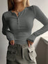 'Elara' Ribbed Half Button Long Sleeve Shirt - Celes Fashion